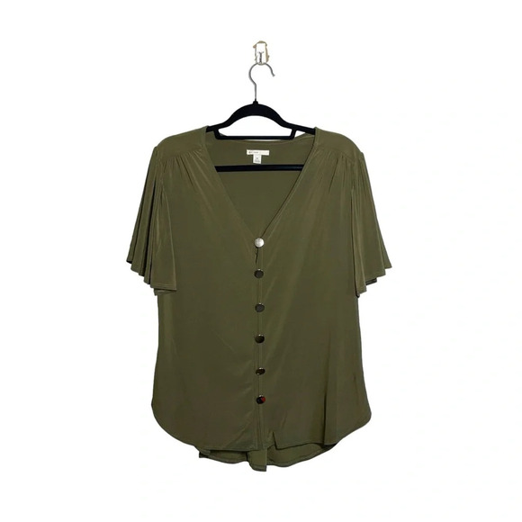 Cato Olive Green V Neck Button Front Flutter Sleeve Blouse Medium Women’s - Picture 10 of 10